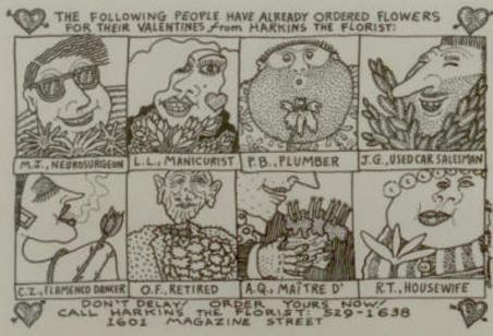A hand-drawn cartoon of all the people who ordered Valentine's flowers from harkins, which is someone from every walk of life