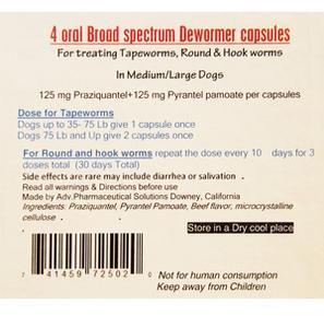 Broad Spectrum Dewormer - 4 Capsules Medium/Large Dogs