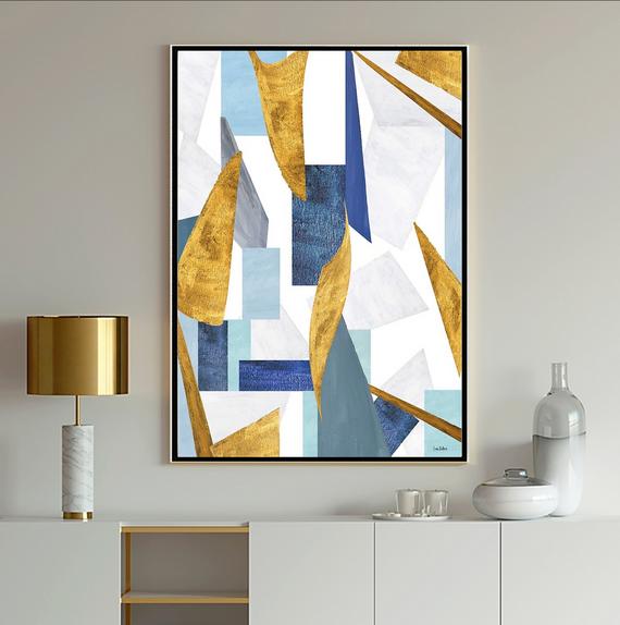 Blue Abstract abstract art in turquoise, tan, gray and white