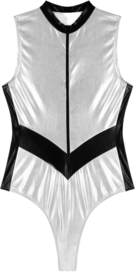 "Space Girl" Shiny Metallic Sleeveless Zipper Stand Collar Leotard Catsuit