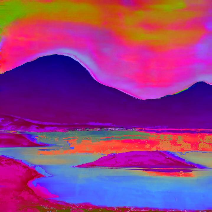 Pink Burst 2022 ~ After Pink Island. Rainbow-centric pink color burst landscape. Original artwork created by Orfhlaith Egan. Hand painted canvas, scanned and converted to digitally enhanced still.