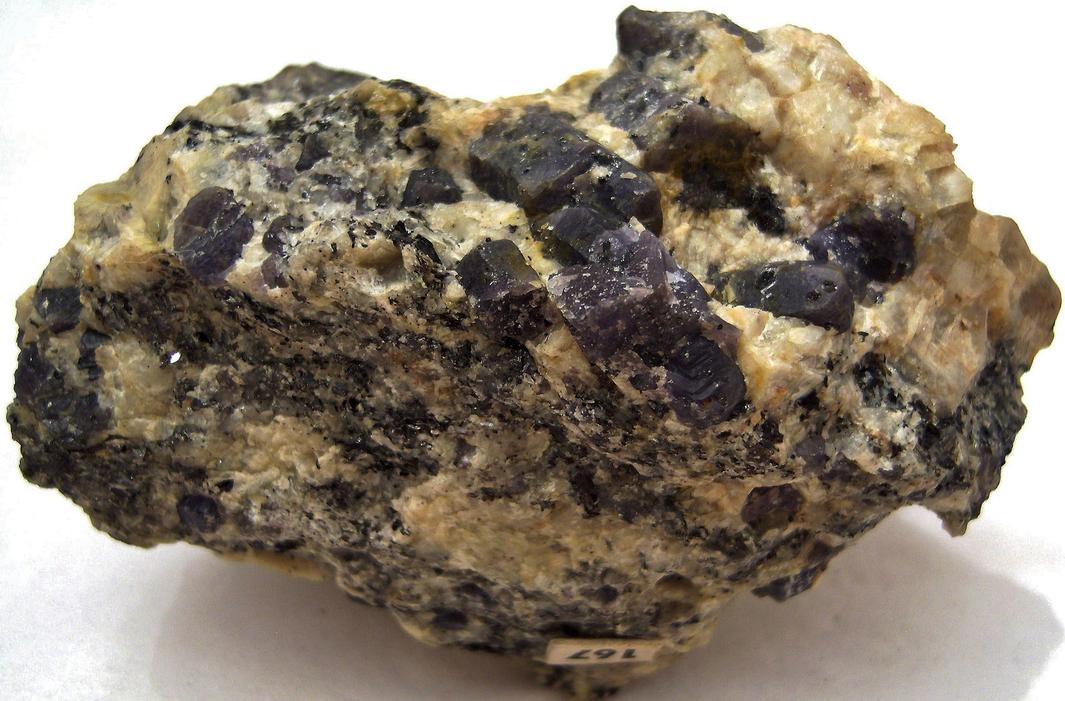 Blue gray Corundum Sapphire crystals, Baddeleyite, Biotite mica, Bozeman Corundum Co. Mine, Gallatin Gateway, Gallatin County, Montana, USA, ex Rutgers Geology Museum