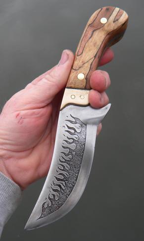 DIY Leaf spring knife with metal etched flames and a handle made from firewood. FREE step by step instructions. www.DIYeasycrafts.com