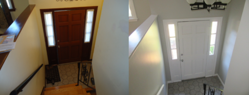 Before and after interior entry door, from stain to bright white in Attleboro.