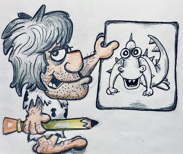 DRAWN to the PAST, a caveman holds a drawing of a dinosaur.