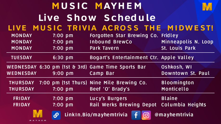 image version of Music Mayhem weekly live show schedule