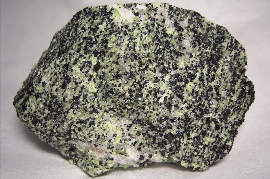 FRANKLINITE, green WILLEMITE, CALCITE - Franklin Mine, Franklin, Franklin Mining District, Sussex County, New Jersey, USA - Franklinite type locality