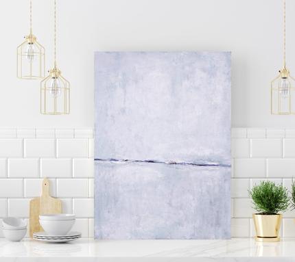 Blue Art ocean seascape in light blue and white which shows calm ocean water and clouds in the sky.