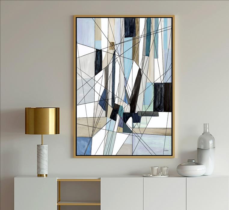 Blue Abstract Modern Art painting with geometric shapes in blue, light blue, gray, lavender and white with black lines from Dubois Art