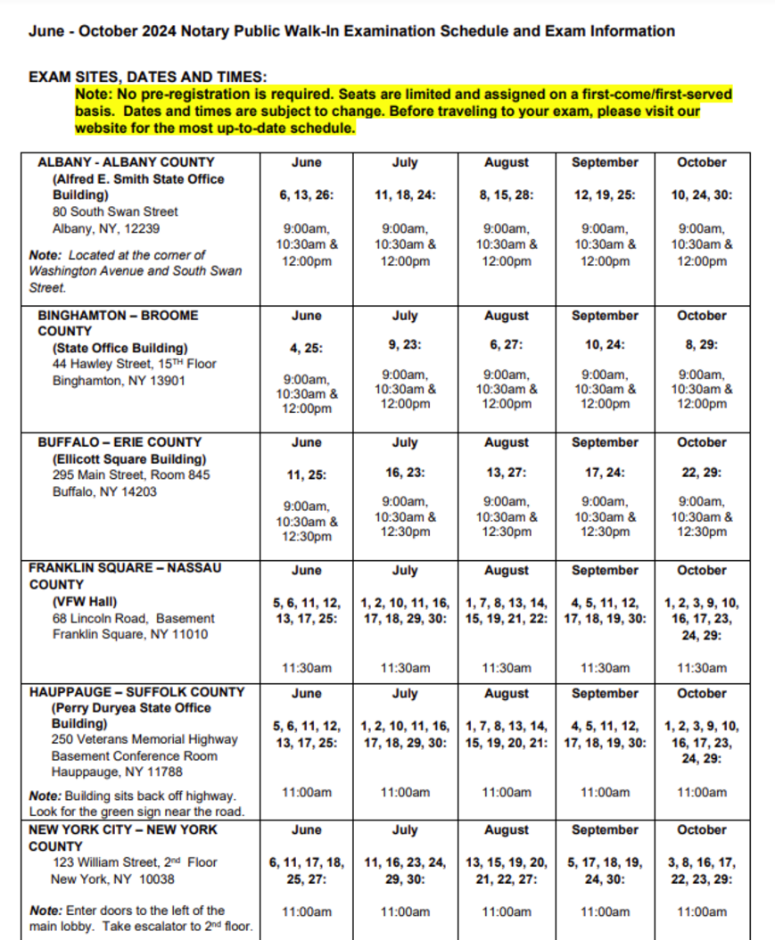 NY Notary Exam Schedules, Albany, Binghamton, Buffalo, Franklin Square, Hauppauge, NYC, NY2023 September, November, December