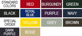 10oz VCP windscreen color chart: black, charcoal, light gray, tan, kelly green, forest green, navy, royal, maroon, purple, white, carolina blue, brown, red, orange