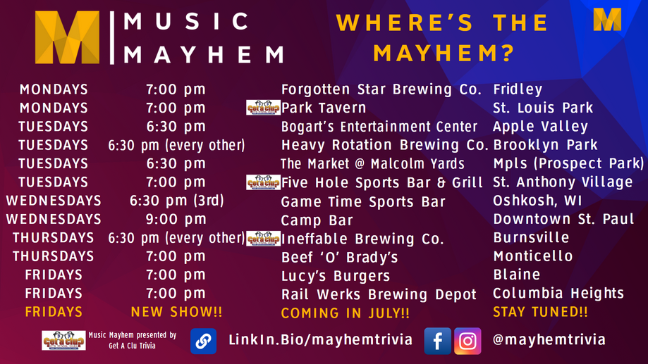 image version of Music Mayhem weekly live show schedule
