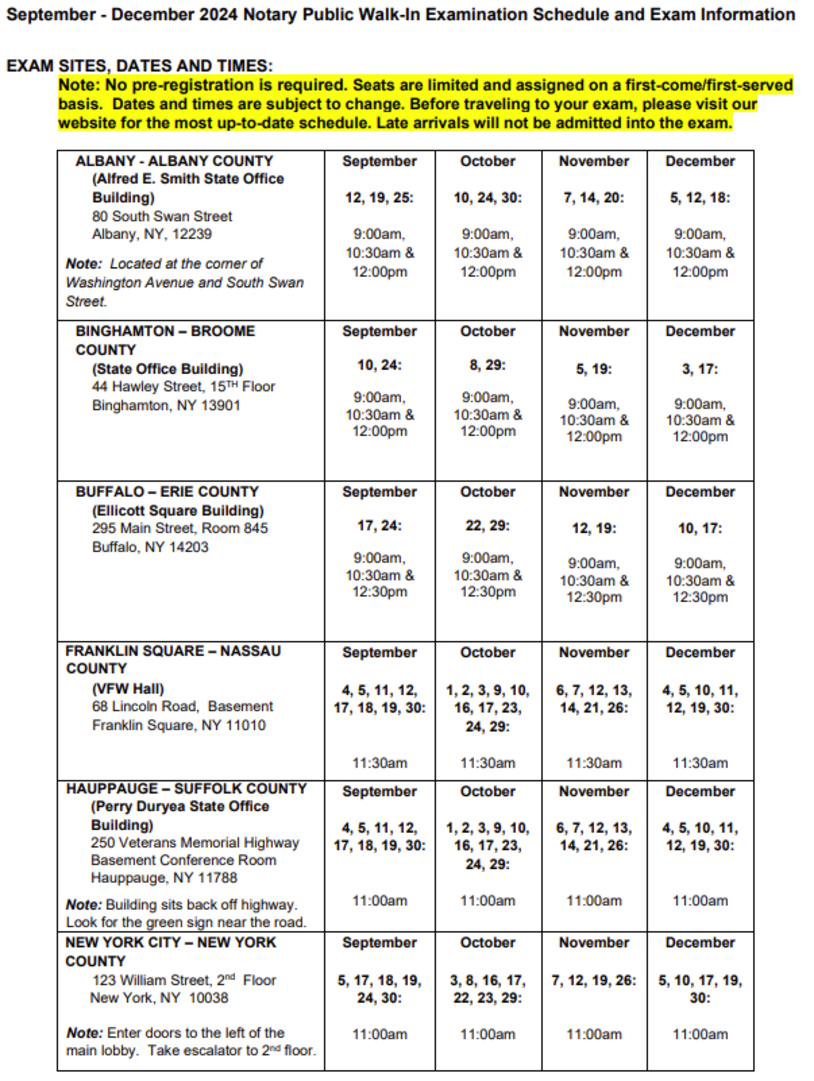 NY Notary Exam Schedules, Albany, Binghamton, Buffalo, Franklin Square, Hauppauge, NYC, NY2023 September, November, December