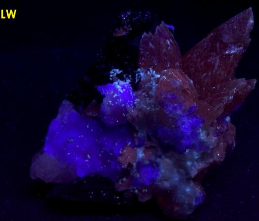 fluorescent CALCITE, FLUORITE, SPHALERITE, Cave-In-Rock (Minerva No. 1 Mine), Cave-in-Rock Sub-District, Illinois - Kentucky Fluorspar District, Hardin County, Illinois, USA