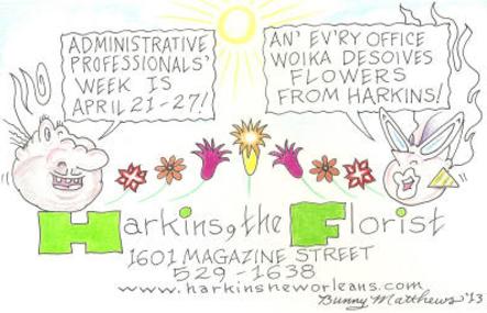 A hand-drawn color cartoon of Vic and Nat'ly's heads next to flowers, stating the dates of Administrative Professionals Week