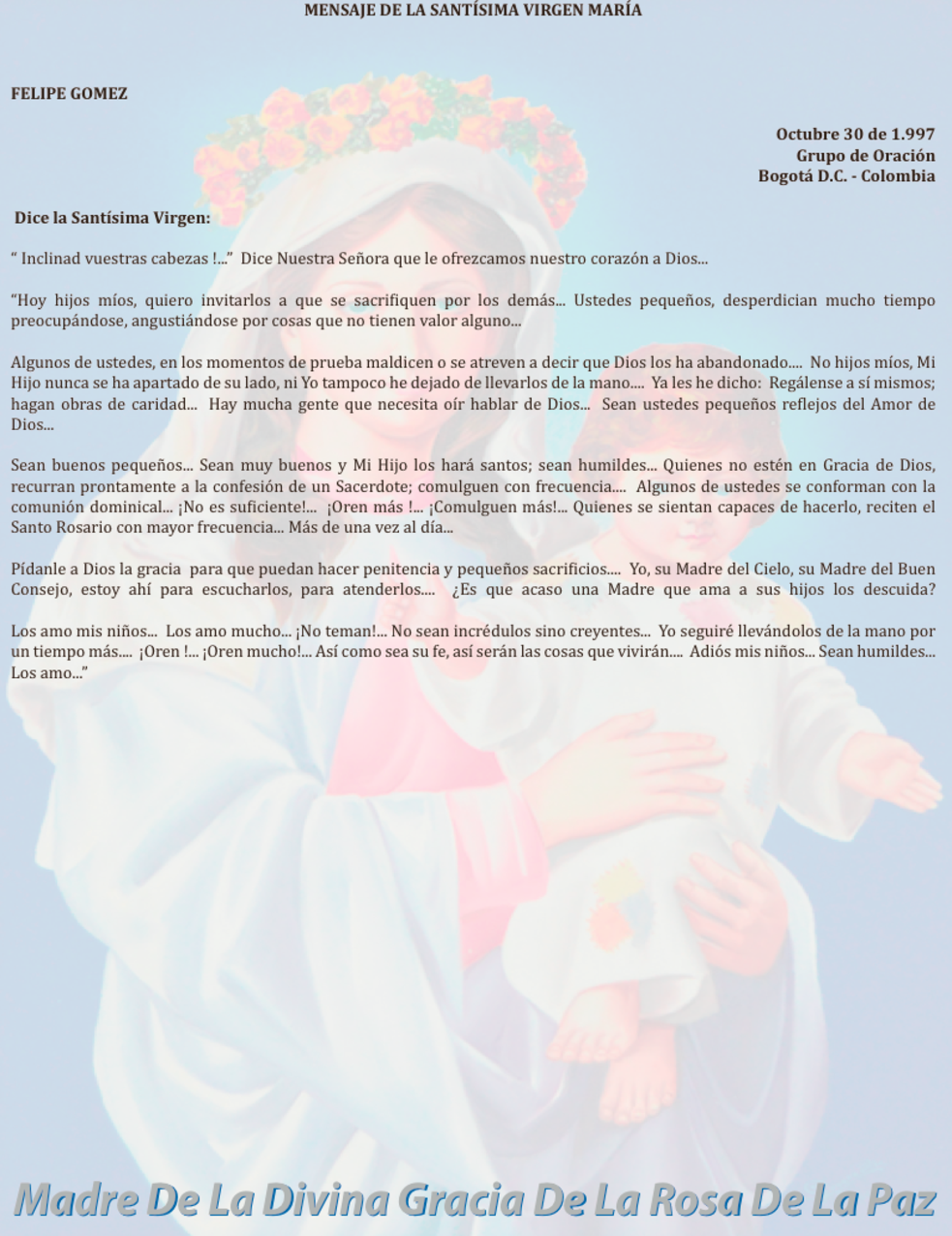OCTUBRE 30 de 1997 Bogotá Colombia - mensaje de la virgen