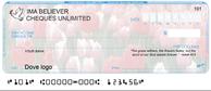 Christian personal cheque 1/4 designs: tulips, dove logo, Bible scripture verse.