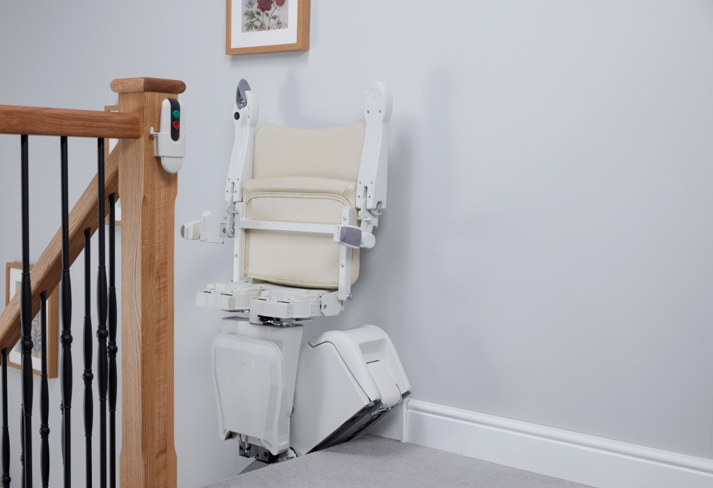 The Handicare 1100 Stairlift has a retractable seatbelt and is available for purchase and/or rent at Hudson Surgical in Ossining, New York.