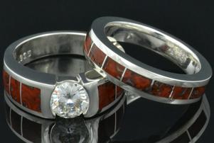Inlaid dinosaur bone engagement ring and wedding band in sterling silver
