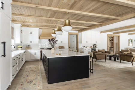 • Bright kitchen painted by John Benner Company with finished cabinets and wood ceiling beams Professional kitchen painting and cabinet refinishing in the Main Line Philadelphia area Modern kitchen painting project with wood beam ceiling and custom cabinet finish