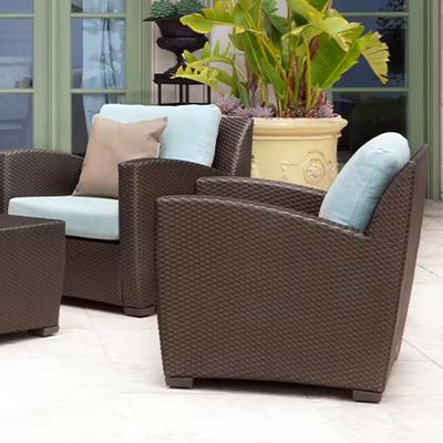 brown wicker furniture with light blue brown jordan cushions