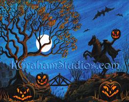 Halloween Art Headless Horseman Art by K. Graham, Spooky Haunted Graveyard Flying Bats Full Moon Spooky Tree