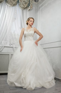 A bride in her wedding dress.