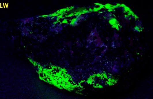 fluorescing WILLEMITE, HARDYSTONITE, CALCITE, FRANKLINITE - Franklin Mine, Franklin, Franklin Mining District, Sussex County, New Jersey, USA – Franklinite and Hardystonite type locality