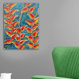 botanical flowers, lobster claw, large painting