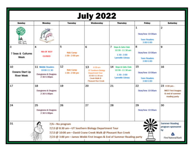 July Calendar of events