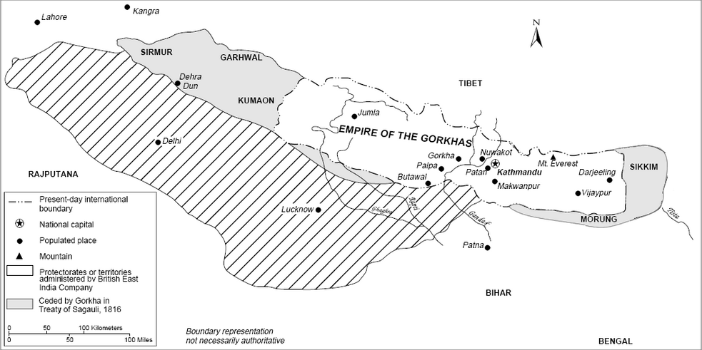 Map of Nepal showing areas seized by Gurkhas angering the British East India Company