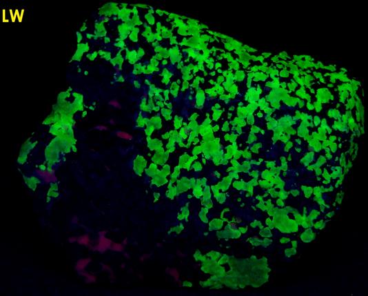 FRANKLINITE-MAGNETITE, fluorescent WILLEMITE, CALCITE - Sterling Mine, Sterling Hill, Ogdensburg, Franklin Mining District, Sussex County, New Jersey, USA - Franklinite type locality - sold