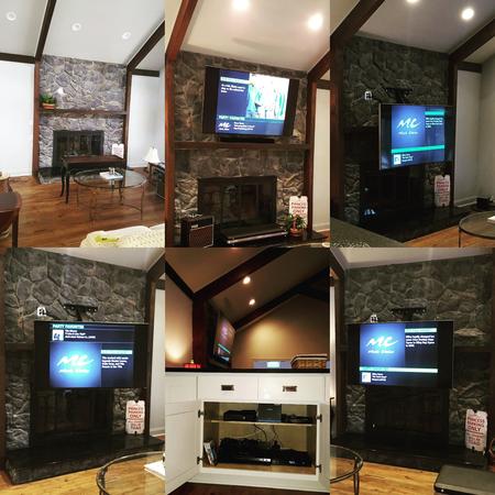 Pull down tv wall mount on stone fireplace, down and out mount installation on stone fireplace, Carolina Custom Mounts