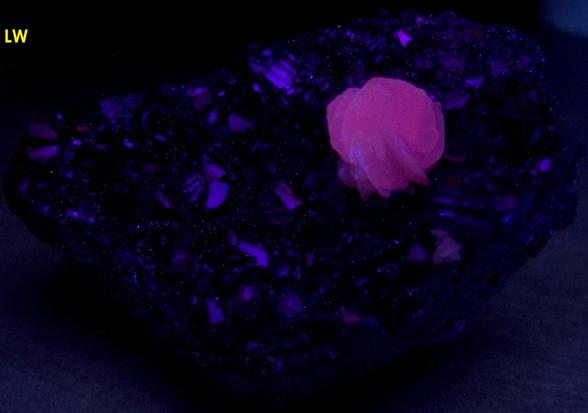 ENARGITE, SPHALERITE, PYRITE, fluorescent CALCITE,Huanzala Mine, Huallanca District, Bolognesi Province, Ancash Department, Peru