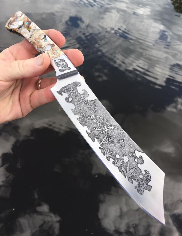 Nautical Etched custom Sea Turtle Chef knife. www.DIYeasycrafts.com