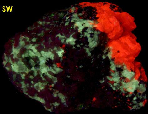 fluorescent BARYTE, CALCITE, ANDRADITE - Franklin Mine, Franklin, Franklin Mining District, Sussex County, New Jersey, USA - ex Borden, ex Morris Museum