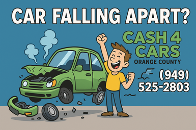 Sell your car today ad from Cash 4 Cars Orange County, featuring same-day pickup and cash on the spot.