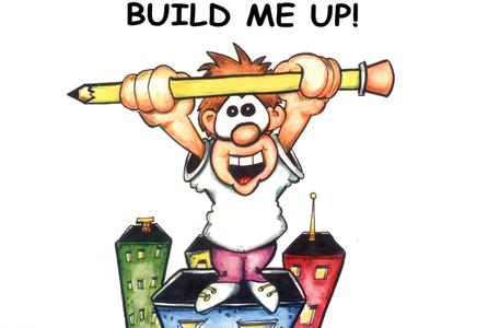 Build me up! A cartoon boy drawing on a skyline