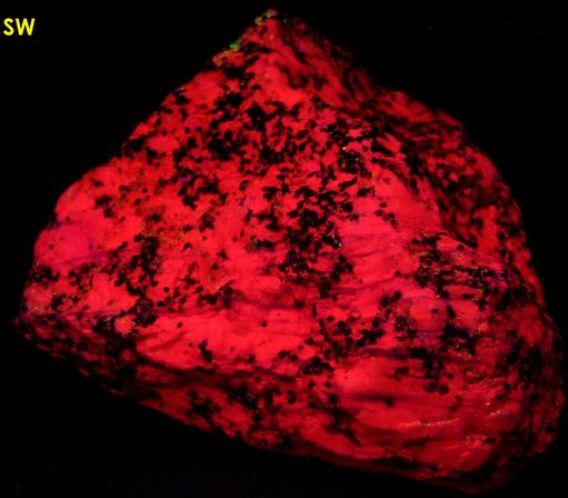 fluorescing Sphalerite, Franklinite-Magnetite, Diopside, Willemite, Calcite, Sterling Mine, Sterling Hill, Ogdensburg, Franklin Mining District, Sussex County, New Jersey, USA, ex Franklin Mineral Museum, ex Anthony Den Uyl