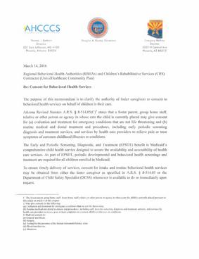 AHCCCS & DCS BHS Consent Clarification Letter