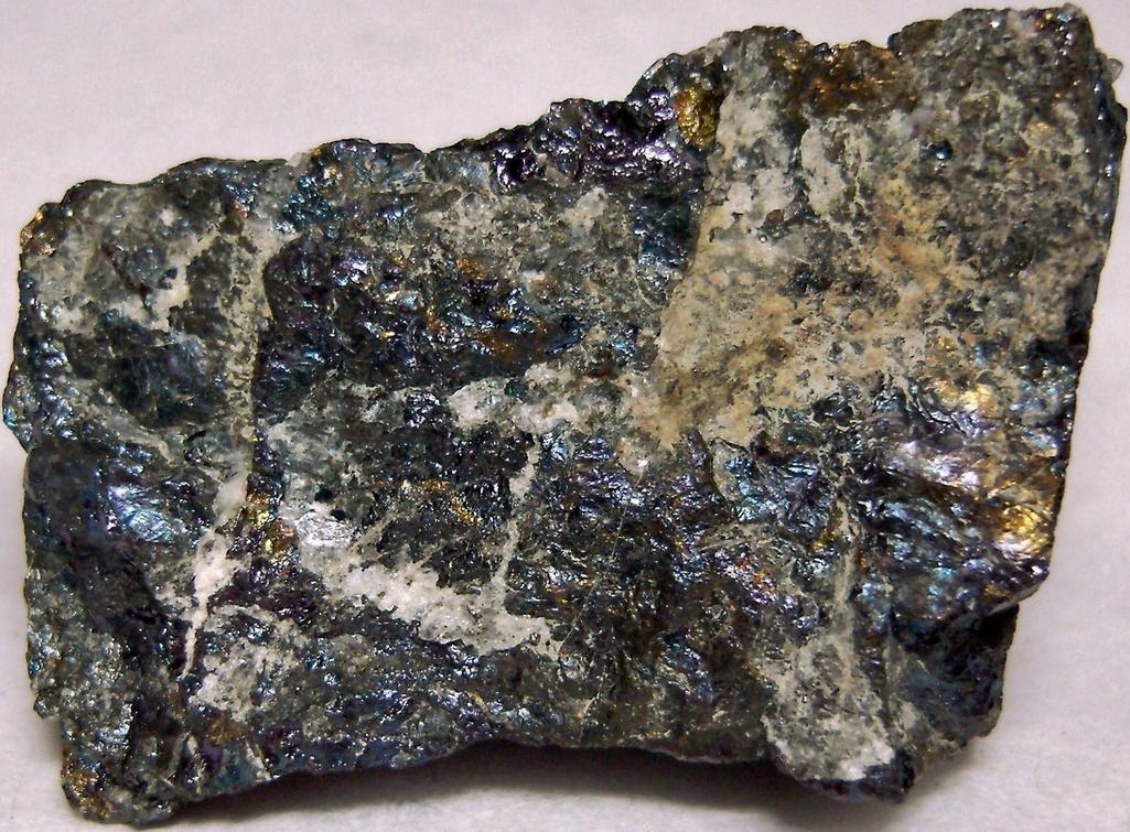 Iridescent metallic Bornite, Chalcopyrite, quartz, Butte, Butte District (Summit Valley District), Silver Bow County, Montana, USA