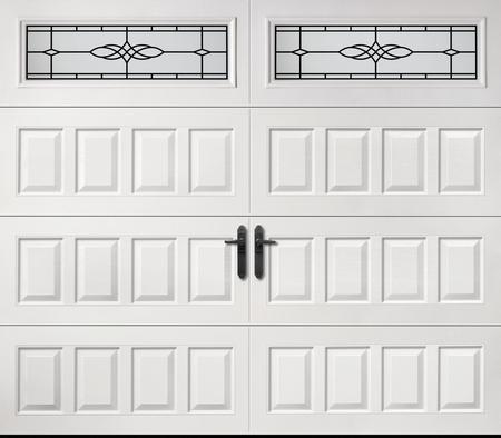 White raised panel garage door with fancy windows and new hardware