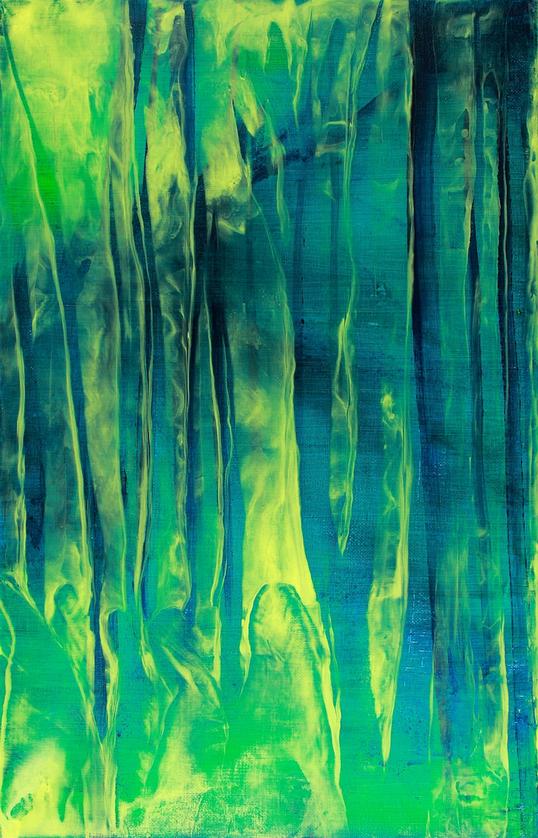 Forest by Night by Orfhlaith Egan. Contempory abstract neon nocturne painting. Blue and Green. Galway and Berlin.
