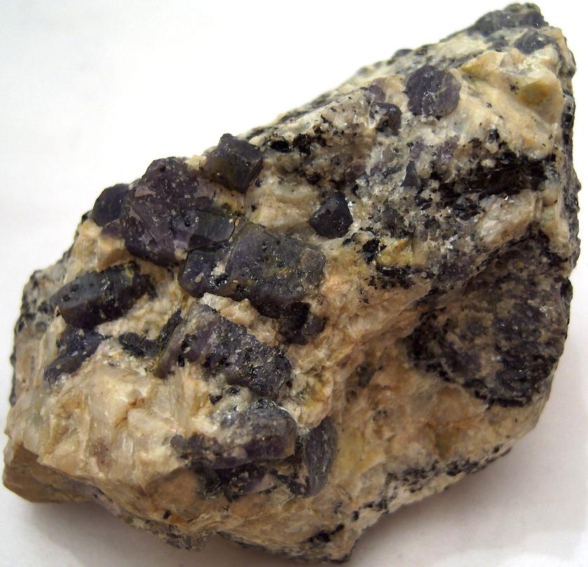 Blue gray Corundum Sapphire crystals, Baddeleyite, Biotite mica, Bozeman Corundum Co. Mine, Gallatin Gateway, Gallatin County, Montana, USA, ex Rutgers Geology Museum