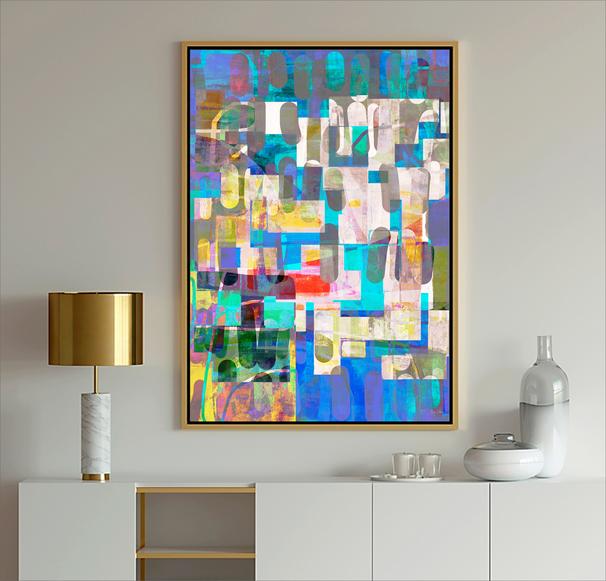 Blue Abstract Modern Art painting with geometric shapes in blue, light blue, gray, lavender and white with black lines from Dubois Art