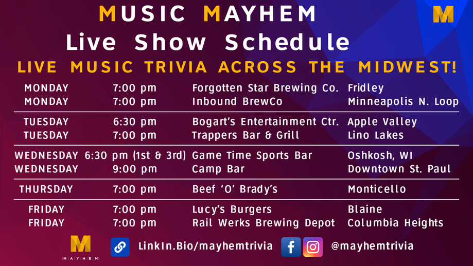 image version of Music Mayhem weekly live show schedule