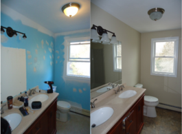 Before and after bathroom painting with cream colored walls.