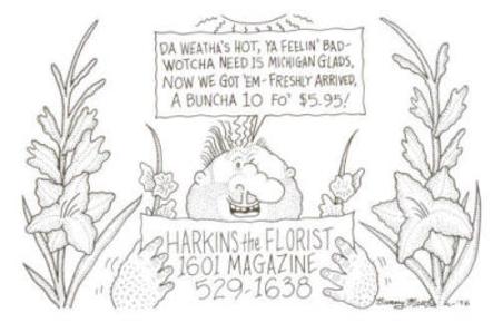 A hand-drawn cartoon of Vic holding a sign, talking about gladioluses making people feel better in hot weather
