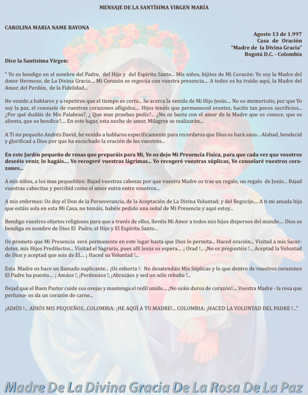 AGOSTO 13 de 1997 Bogotá Colombia - mensaje de la virgen