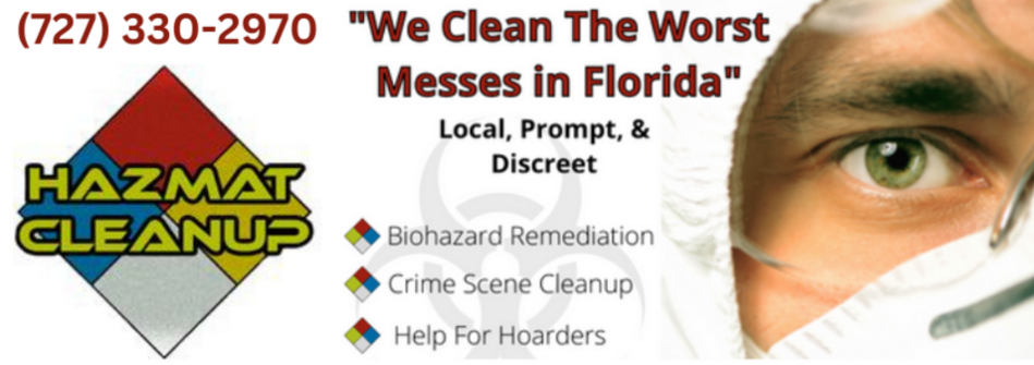Hazmat Cleanup, LLC technician in Sarasota County, FL and Hazmat's logo with phone number.